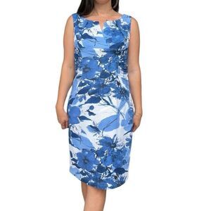 New Adrianna Papell Blue White Floral Sheath Cocktail Party Dress Size 14 Cotton